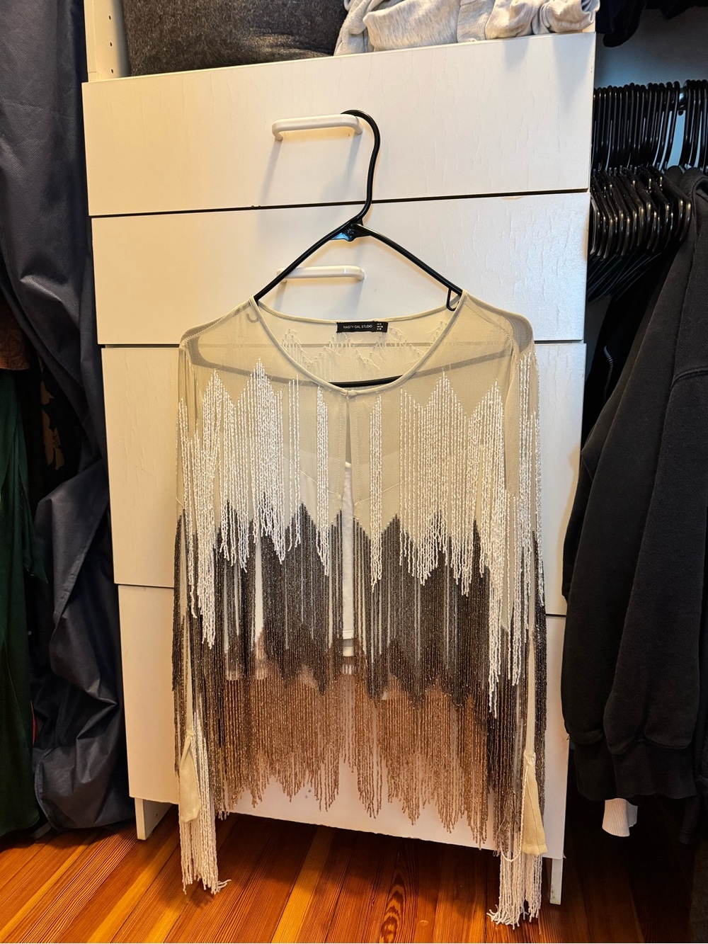 Nasty gal beaded sheer fringe long sleeve top